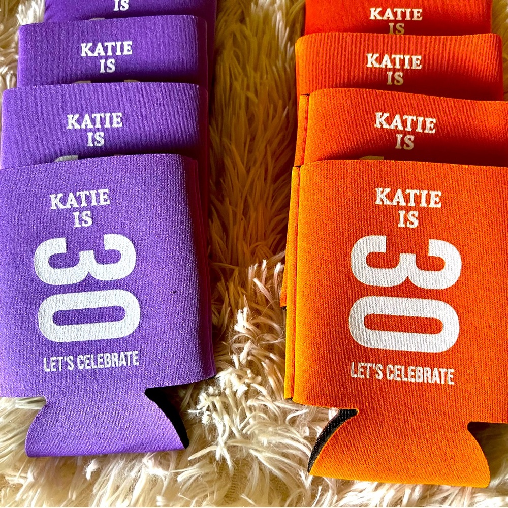 24 Custom 30th Birthday Party Koozies - “Katie” - Purple & Orange - Brand New